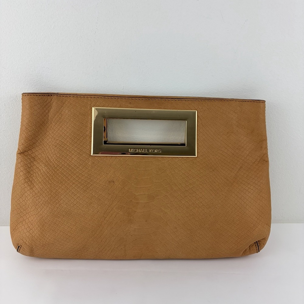Michael Kors Tan Snakeskin Embossed‎ Leather Clutch Gold Frame - Picture 2 of 9